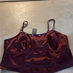 Burgundy Satin Top with Blue Floral Details